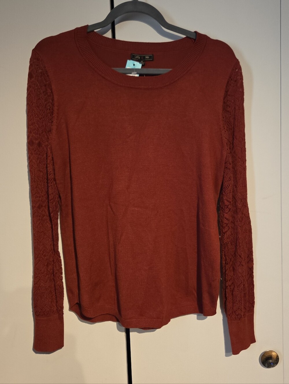 Women's Lace-Sleeve Knit Pullover in Rust